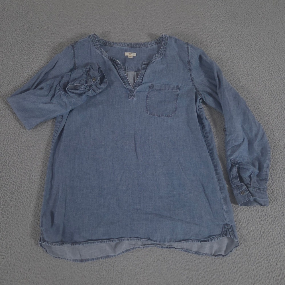 J. Jill Top Womens Medium Blue Denim Chambray Split-Neck Popover Tunic Roll Tab
